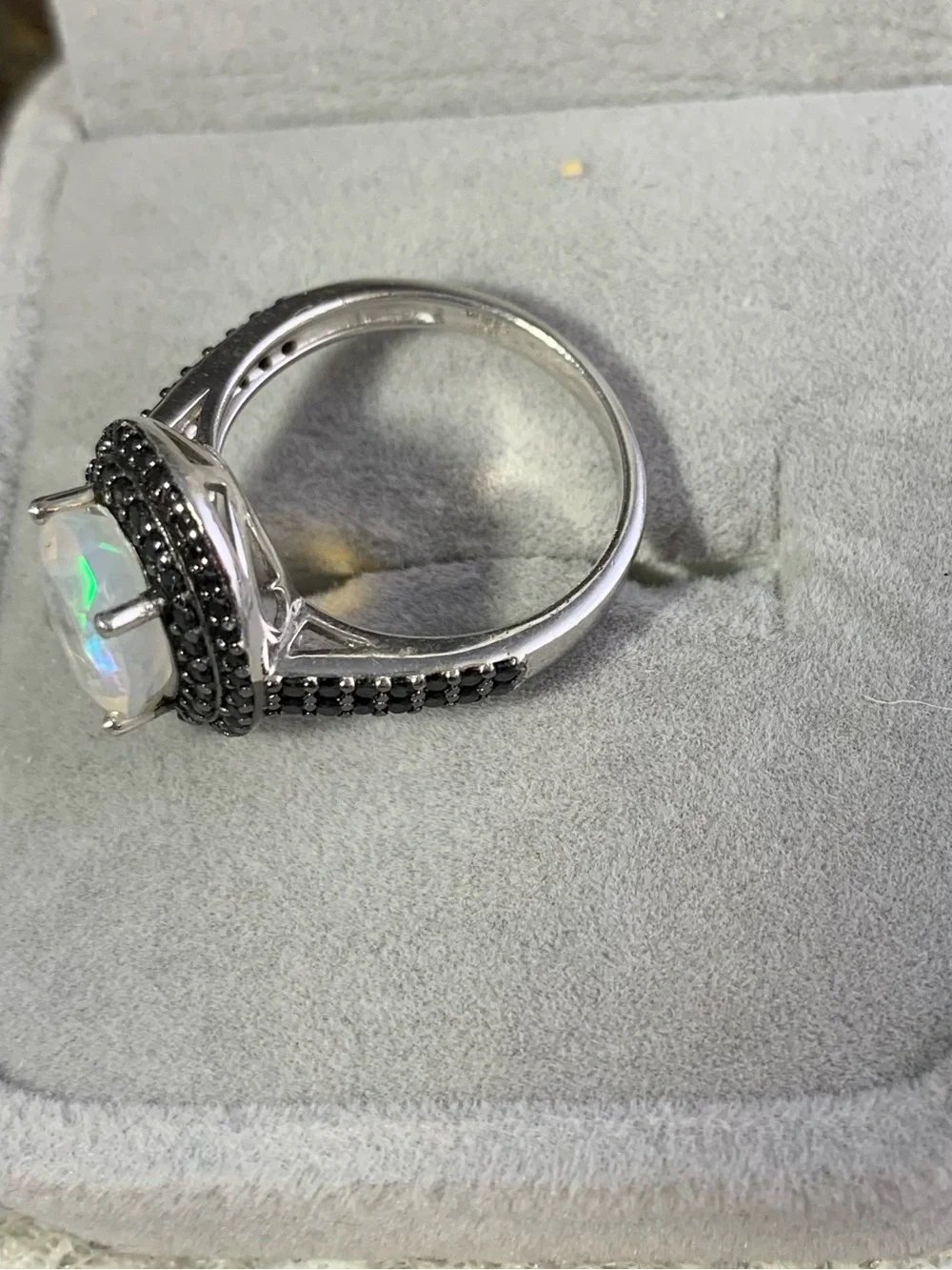 Sterling Silver White Opal Black Spinel Ring stunning oval